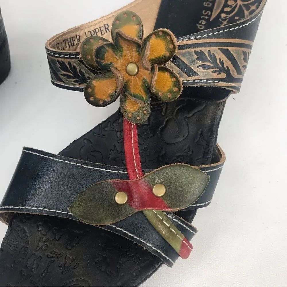 Spring Step Tooled Leather Colorful Flower Slip On Wedge Sandals - Picture 8 of 13